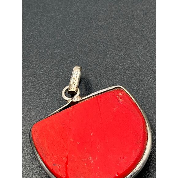 Bright Red Coral Stone and Sterling Silver 925 Pendant - Picture 4 of 7